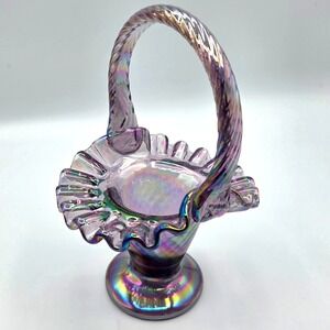Fenton Violet Purple Carnival Glass Basket  6 1/2 " Tall Rope Handle VINTAGE